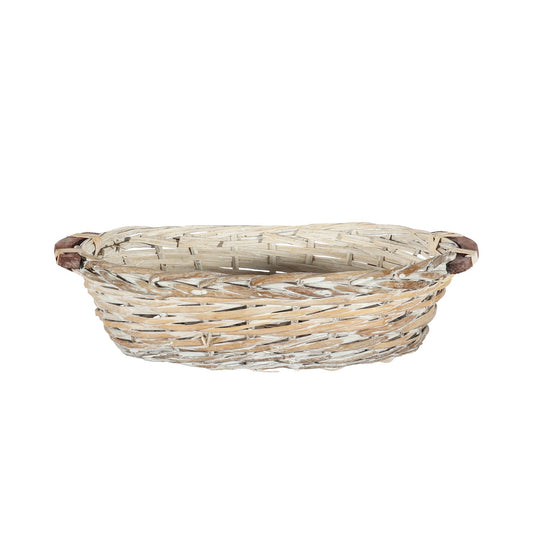 White Wash Oval Woven Tray Basket with Handles (Medium)