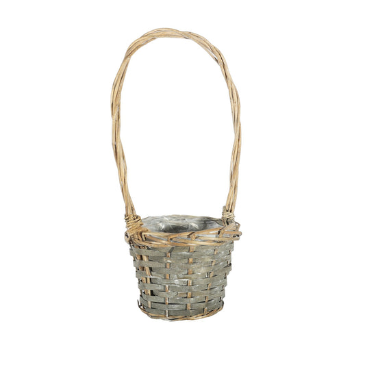 Grey Wash Round Woodchip Basket with Handle (16cm Dia)