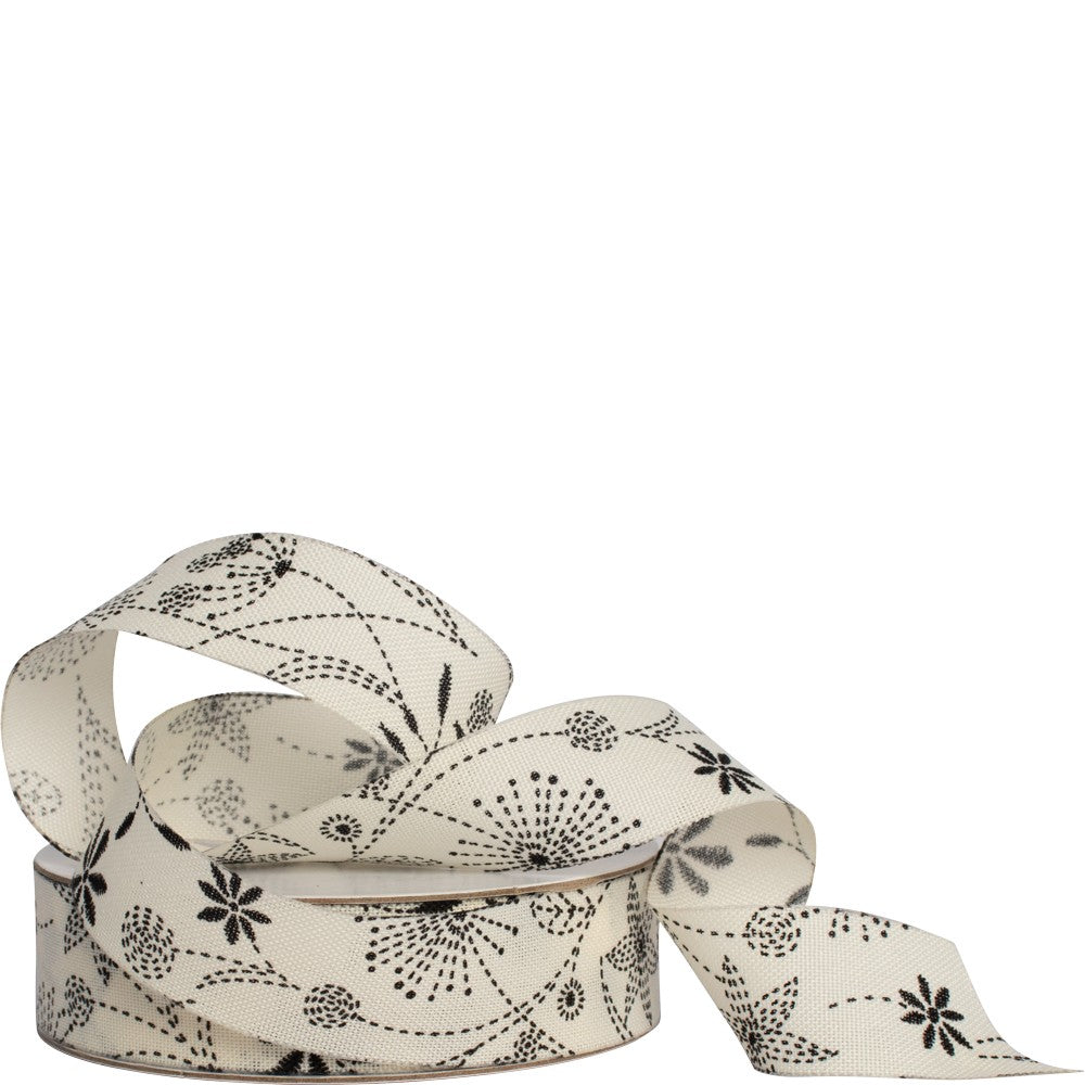 White Floral Energy Woven Ribbon 25mm