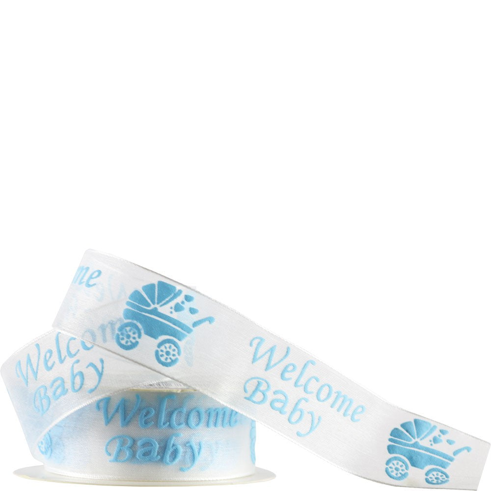 Blue Welcome Baby Organza Ribbon 25mm