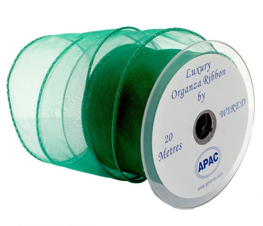 Emerald Wired Edge Organza Ribbon (70mm x 20m)