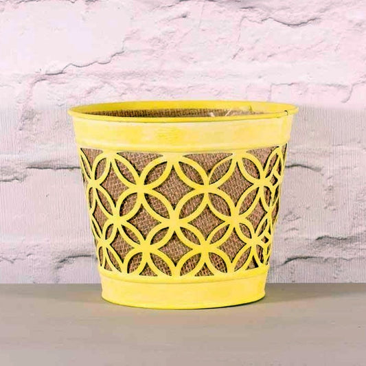 Yellow Metal Planter with Hessian