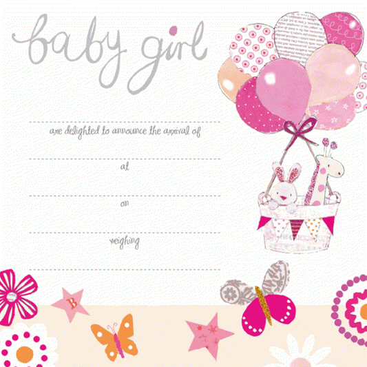 Baby Girl birth announcement card - Balloons   butterfly design