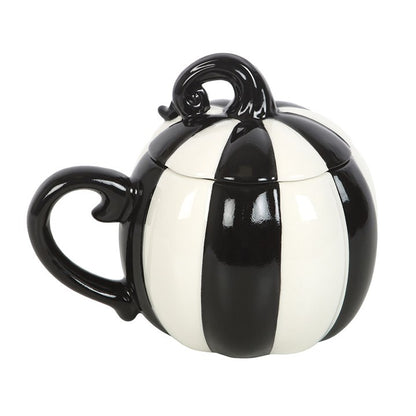 Black and White Striped Pumpkin Lidded Mug