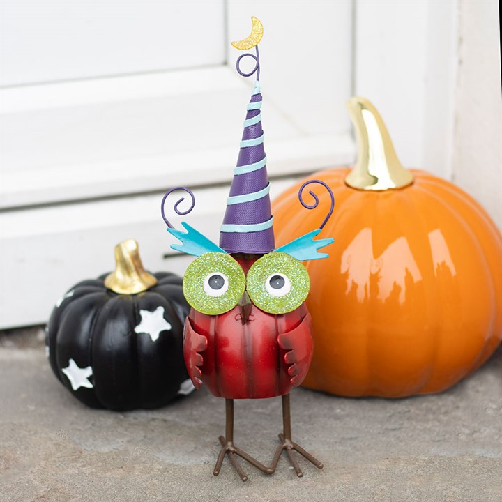 Red Metal Owl Ornament with Witch Hat