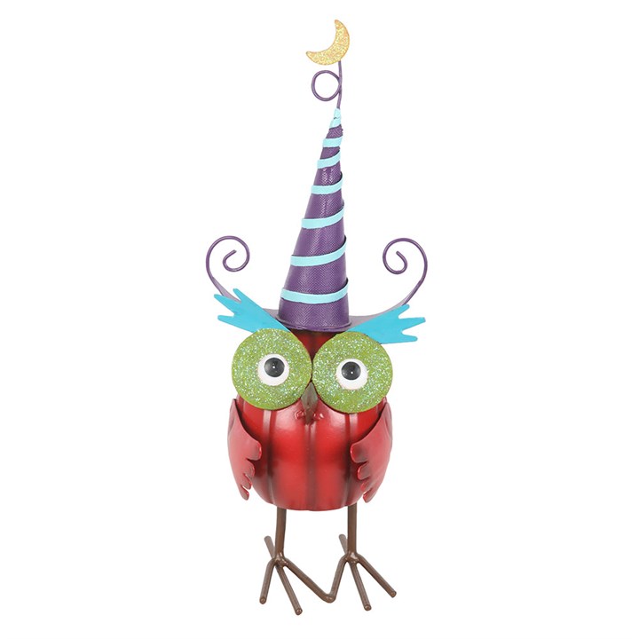 Red Metal Owl Ornament with Witch Hat