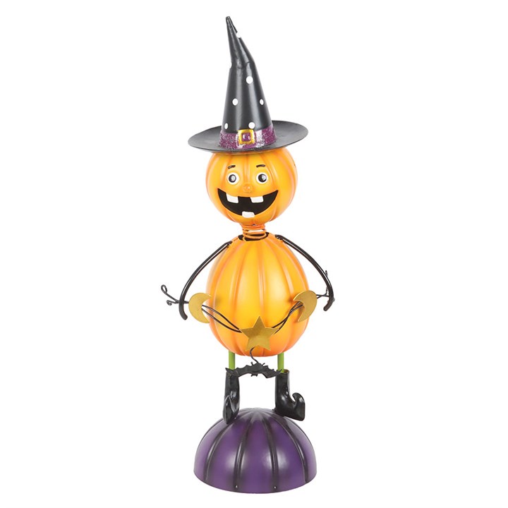 Orange Metal Pumpkin Man Ornament with Witch Hat