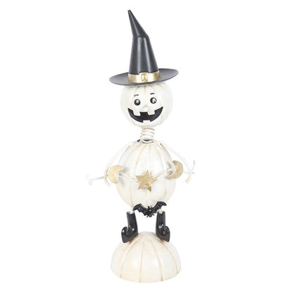 White Metal Pumpkin Man Ornament with Witch Hat