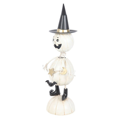 White Metal Pumpkin Man Ornament with Witch Hat