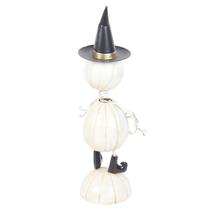 White Metal Pumpkin Man Ornament with Witch Hat