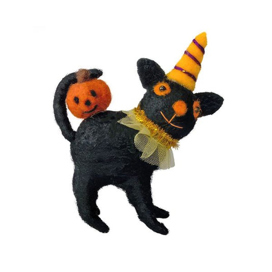 Felt Black Cat with Pumpkin  & Hat  Hanging Decoration - 11.5cm