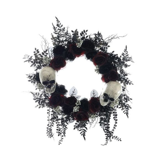 Halloween Wreath Skulls with Burgundy   Black Roses - 60cm