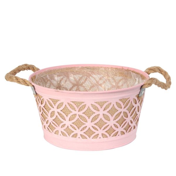 Round Pink Zinc Planter with Hessian Liner   Rope Handles